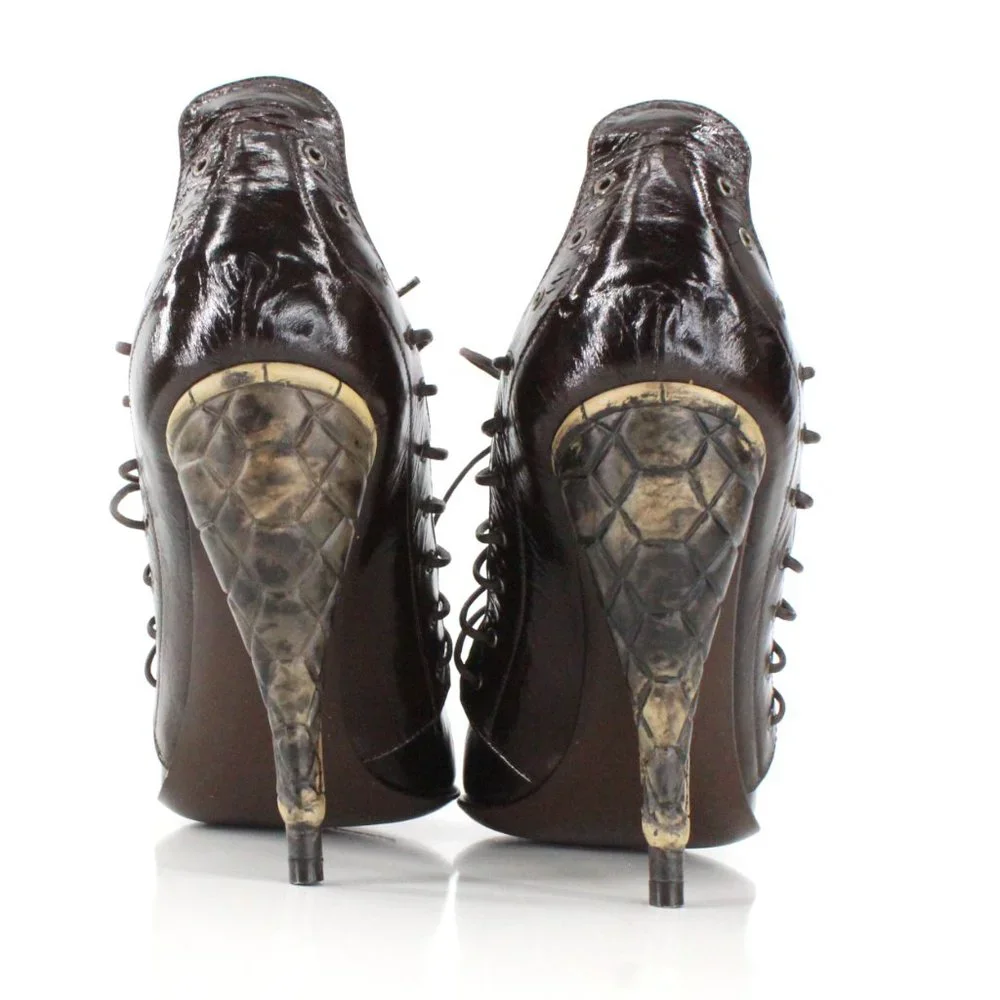 Gianni Barbato Patent Leather Lace Up Pointed Pumps Sculptural Heel Brown 7.5 - Picture 7 of 16